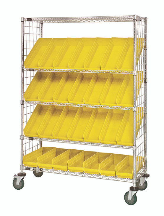 WRCSL5-63-1848EP-104YL Slanted Shelf Enclosure Cart, 48"W x 18"D x 69"H, 1200 lbs load capacity, includes: (2) flat and (3) slanted shelves, (28) QSB104 yellow bins and side enclosure panels, chrome plated finish, shipped KD