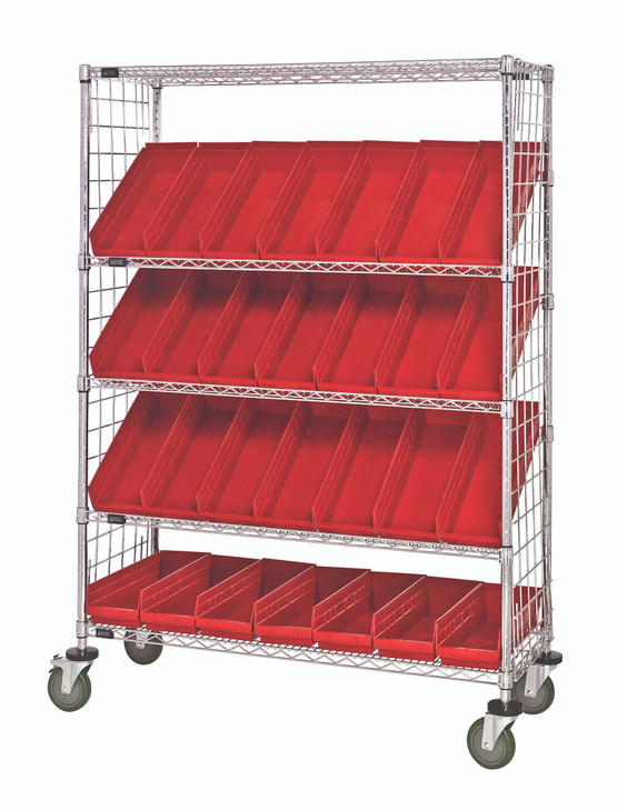 WRCSL5-63-2448EP-106RD Slanted Shelf Enclosure Cart, 48"W x 24"D x 69"H, 1200 lbs load capacity, includes: (2) flat and (3) slanted shelves, (28) QSB106 red bins and side enclosure panels, chrome plated finish, shipped KD