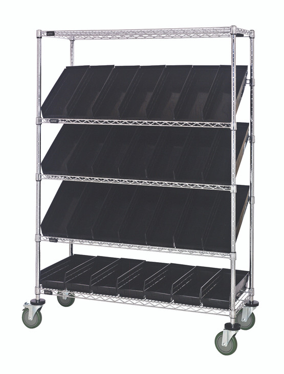 WRCSL5-63-2436-106BK Slanted Shelf Cart, 36"W x 24"D x 69"H, 1200 lbs load capacity, includes: (2) flat and (3) slanted shelves, and (20) QSB106 black bins, chrome plated finish, shipped KD