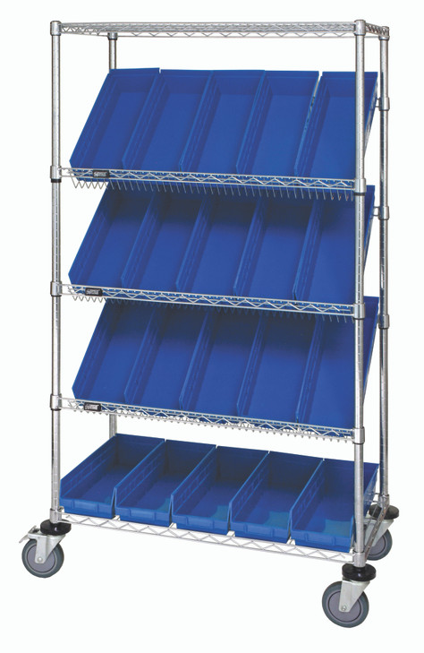 WRCSL5-63-2436-106BL Slanted Shelf Cart, 36"W x 24"D x 69"H, 1200 lbs load capacity, includes: (2) flat and (3) slanted shelves, and (20) QSB106 blue bins, chrome plated finish, shipped KD