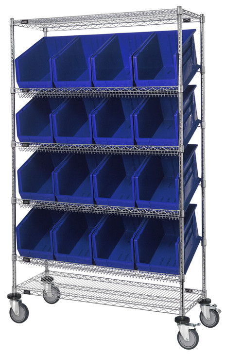 WRCSL6-74-1848-260BL Slanted Shelf Cart, 48"W x 18"D x 80"H, 1200 lbs load capacity, includes: (2) flat and (4) slanted shelves, and (16) QUS260 blue bins, chrome plated finish, shipped KD
