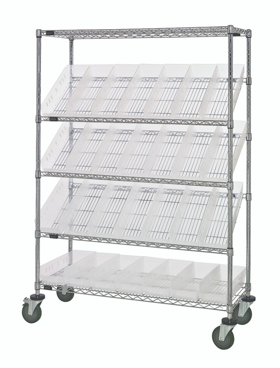 WRCSL5-63-1848-104CL Slanted Shelf Cart, 48"W x 18"D x 69"H, 1200 lbs load capacity, includes: (2) flat and (3) slanted shelves, and (28) QSB104 clear bins, chrome plated finish, shipped KD