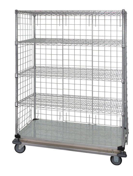 WRDBS4-63-2448EP-5 Wire Enclosed Cart, mobile, 48"W x 24"D x 69"H, 1200 lb. capacity, includes: (4) wire shelves, (1) solid galvanized steel shelf, (4) 63"H post, (4) enclosure panels, (1) dolly base, (4) plate thermoplastic resin casters (2 rigid