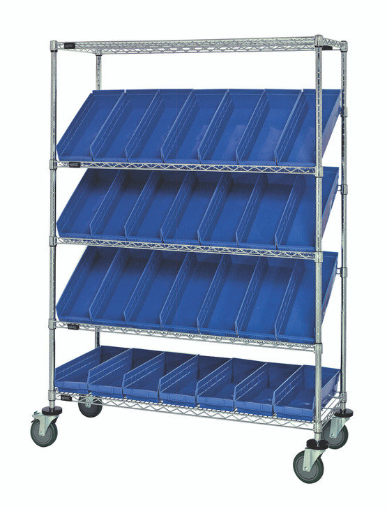 WRCSL5-63-2448-106BL Slanted Shelf Cart, 48"W x 24"D x 69"H, 1200 lbs load capacity, includes: (2) flat and (3) slanted shelves, and (28) QSB106 blue bins, chrome plated finish, shipped KD