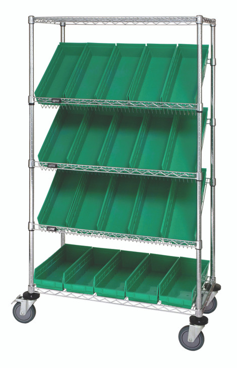 WRCSL5-63-2436-106GN Slanted Shelf Cart, 36"W x 24"D x 69"H, 1200 lbs load capacity, includes: (2) flat and (3) slanted shelves, and (20) QSB106 green bins, chrome plated finish, shipped KD