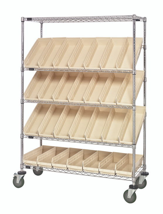 WRCSL5-63-1848-104IV Slanted Shelf Cart, 48"W x 18"D x 69"H, 1200 lbs load capacity, includes: (2) flat and (3) slanted shelves, and (28) QSB104 ivory bins, chrome plated finish, shipped KD