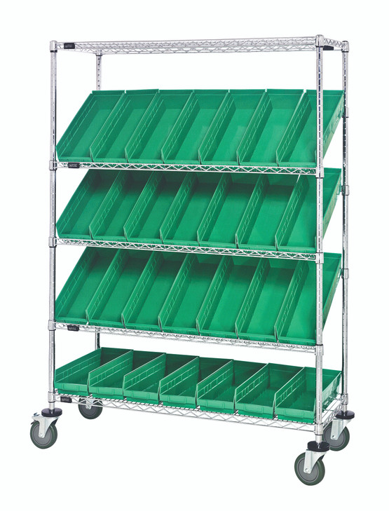 WRCSL5-63-2448-106GN Slanted Shelf Cart, 48"W x 24"D x 69"H, 1200 lbs load capacity, includes: (2) flat and (3) slanted shelves, and (28) QSB106 green bins, chrome plated finish, shipped KD
