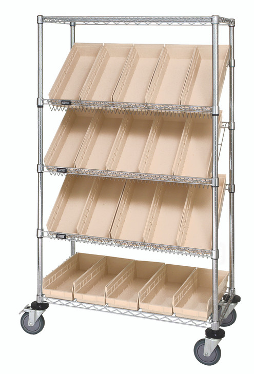 WRCSL5-63-2436-106IV Slanted Shelf Cart, 36"W x 24"D x 69"H, 1200 lbs load capacity, includes: (2) flat and (3) slanted shelves, and (20) QSB106 ivory bins, chrome plated finish, shipped KD