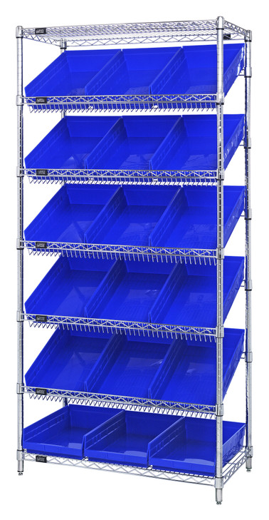WRS-7-110BL Slanted Wire Shelving Unit 18"D x 36"W x 74"with 18 QSB110 Bins