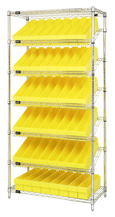 WRS-7-604YL Slanted Wire Shelving Unit 18"D x 36"W x 74"with 48 QED604 Bins