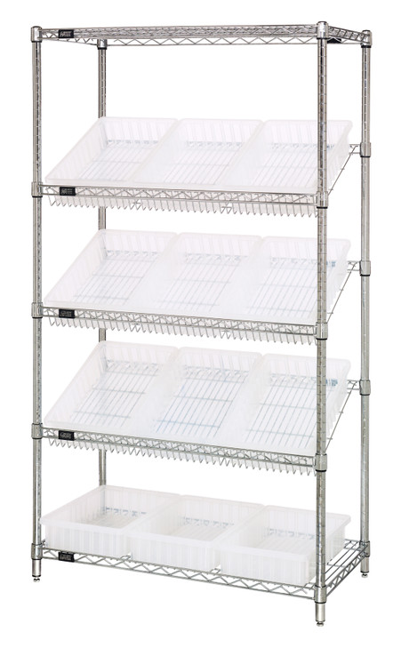 WRS-5-92035CL Slanted Wire Shelving Unit 18"D x 36"W x 63"with 12 DG92035 Bins