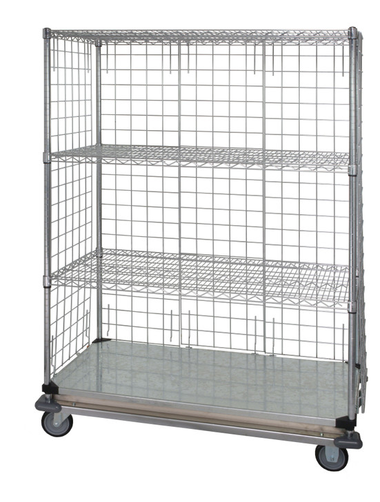 WRDBS4-74-2436EP Wire Enclosed Cart, mobile, 36"W x 24"D x 80"H, 1200 lb. capacity, includes: (3) wire shelves, (1) solid galvanized steel shelf, (4) 74"H post, (4) enclosure panels, (1) dolly base, (4) plate thermoplastic resin casters (2 rigid