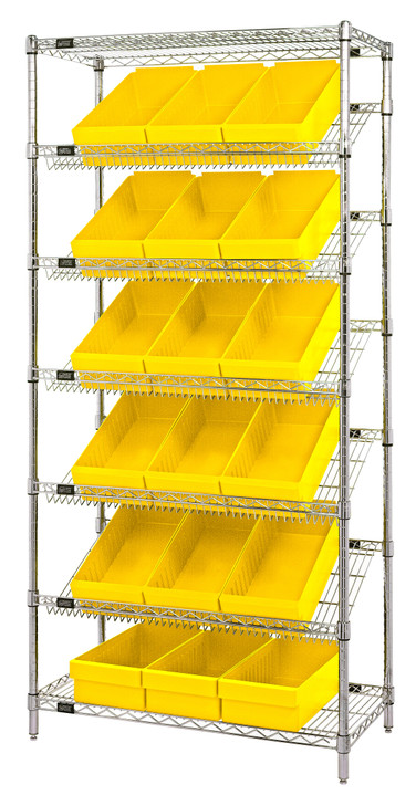 WRS-7-606YL Slanted Wire Shelving Unit 18"D x 36"W x 74"with 18 QED606 Bins