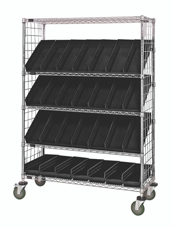 WRCSL5-63-1848EP-104BK Slanted Shelf Enclosure Cart, 48"W x 18"D x 69"H, 1200 lbs load capacity, includes: (2) flat and (3) slanted shelves, (28) QSB104 black bins and side enclosure panels, chrome plated finish, shipped KD