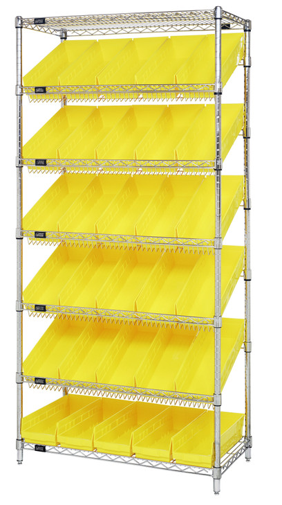 WRS-7-104YL Slanted Wire Shelving Unit 18"D x 36"W x 74"with 30 QSB104 Bins