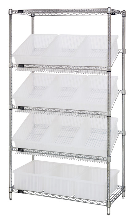 WRS-5-92060CL Slanted Wire Shelving Unit 18"D x 36"W x 63"with 12 DG92060 Bins