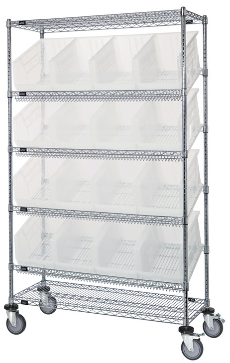 WRCSL6-74-2448-953CL Slanted Shelf Cart, 48"W x 24"D x 80"H, 1200 lbs load capacity, includes: (2) flat and (4) slanted shelves, and (16) QUS953 clear bins, chrome plated finish, shipped KD