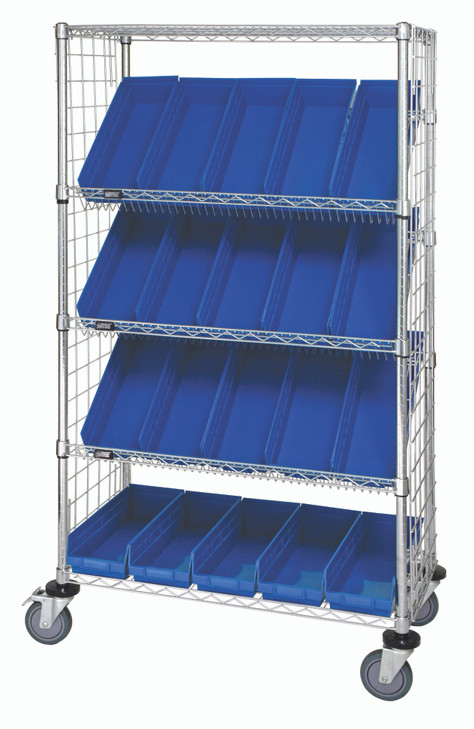 WRCSL5-63-2436EP-106BL Slanted Shelf Enclosure Cart, 36"W x 24"D x 69"H, 1200 lbs load capacity, includes: (2) flat and (3) slanted shelves, (20) QSB106 blue bins and side enclosure panels, chrome plated finish, shipped KD