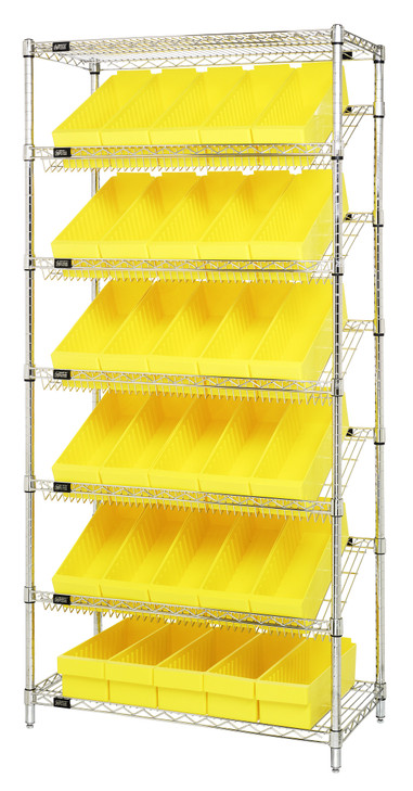WRS-7-602YL Slanted Wire Shelving Unit 18"D x 36"W x 74"with 30 QED602 Bins