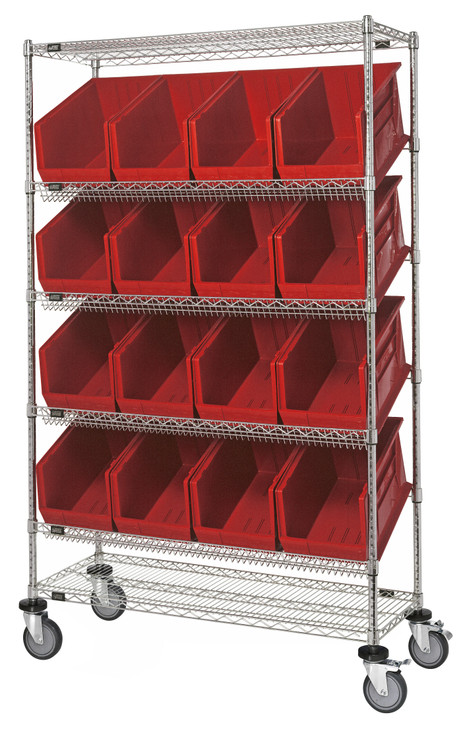 WRCSL6-74-2448-953RD Slanted Shelf Cart, 48"W x 24"D x 80"H, 1200 lbs load capacity, includes: (2) flat and (4) slanted shelves, and (16) QUS953 red bins, chrome plated finish, shipped KD