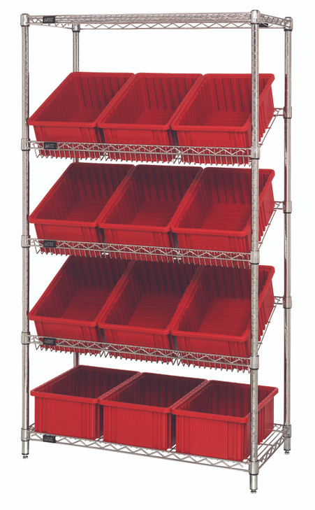 WRS-5-92060RD Slanted Wire Shelving Unit 18"D x 36"W x 63"with 12 DG92060 Bins