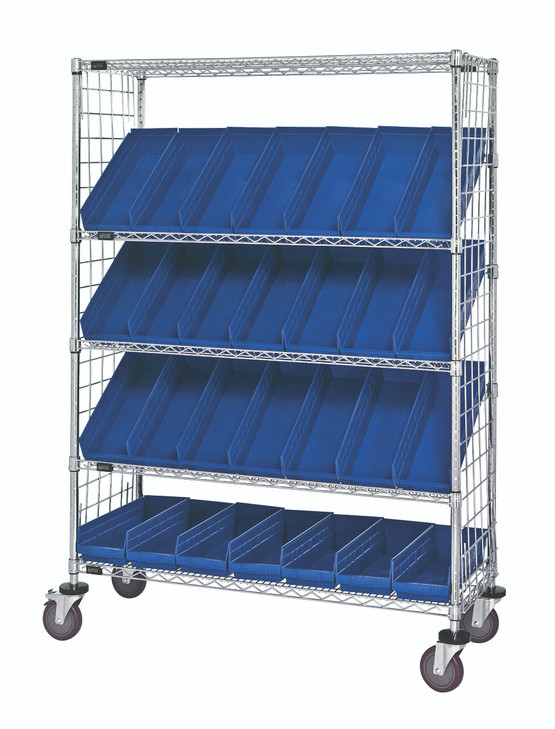 WRCSL5-63-2448EP-106BL Slanted Shelf Enclosure Cart, 48"W x 24"D x 69"H, 1200 lbs load capacity, includes: (2) flat and (3) slanted shelves, (28) QSB106 blue bins and side enclosure panels, chrome plated finish, shipped KD