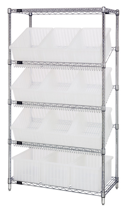 WRS-5-92080CL Slanted Wire Shelving Unit 18"D x 36"W x 63"with 12 DG92080 Bins
