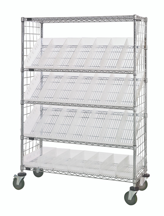WRCSL5-63-2448EP-106CL Slanted Shelf Enclosure Cart, 48"W x 24"D x 69"H, 1200 lbs load capacity, includes: (2) flat and (3) slanted shelves, (28) QSB106 clear bins and side enclosure panels, chrome plated finish, shipped KD