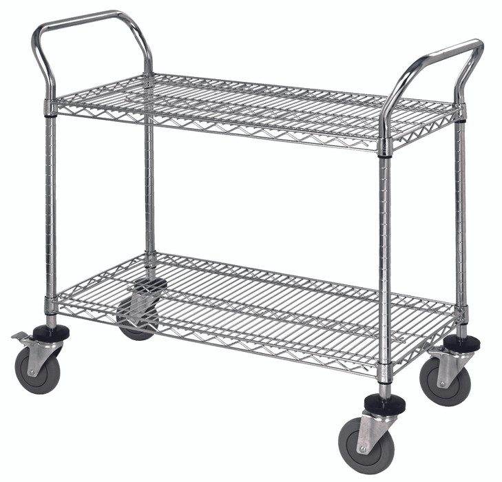 WRSC-1848-2 Utility Cart, 48"W x 18"D x 37-1/2"H, (2) wire shelves, 1200 lb. capacity, (2) "U" shaped handles, open base, donut bumpers, (4) 5" polyurethane swivel casters (2 with brakes), 304 stainless steel, NSF