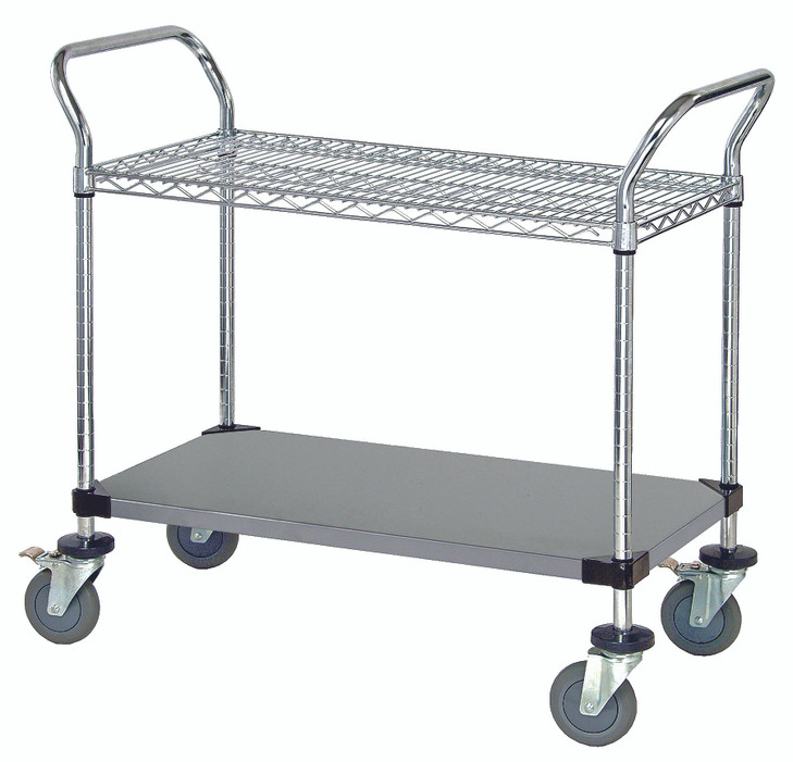 WRSC-2442SS-2S Utility Cart, 42"W x 24"D x 37-1/2"H, (1) wire shelf, (1) solid shelf, 1200 lb. capacity, (2) "U" shaped handles, open base, donut bumpers, (4) 5" polyurethane swivel casters (2 with brakes), 304 stainless steel, NSF