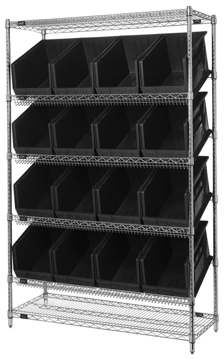 WRSL6-74-1848-260BK Slanted Wire Shelving Unit 18"D x 48"W x 74"with 16 QUS260 Bins