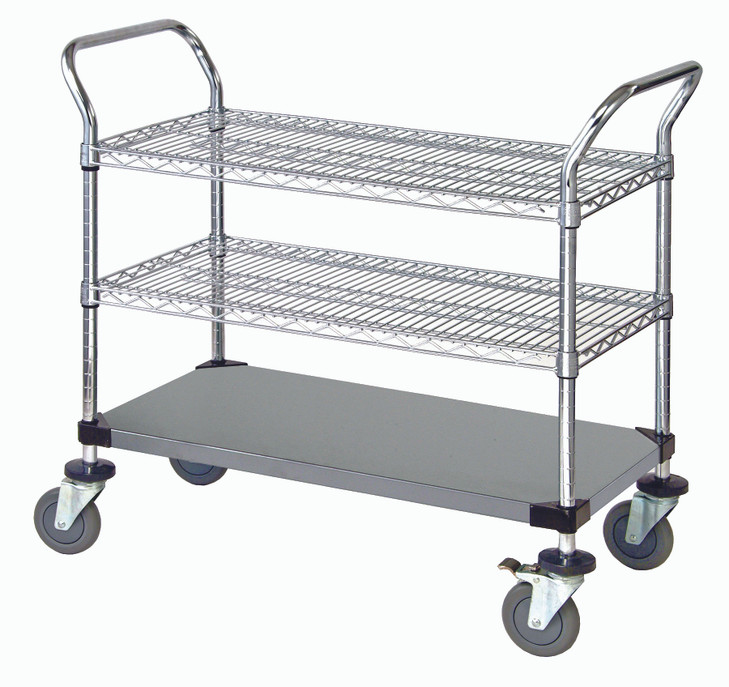 WRSC-2442SS-3S Utility Cart, 42"W x 24"D x 37-1/2"H, (2) wire shelves, (1) solid shelf, 1200 lb. capacity, (2) "U" shaped handles, open base, donut bumpers, (4) 5" polyurethane swivel casters (2 with brakes), 304 stainless steel, NSF