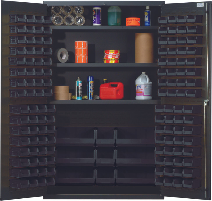 QSC-48SBK Heavy-Duty 48" Bin Cabinet, 48"W x 24"D x 78"H, 400 lb. capacity per interior shelf, 14 gauge all welded construction, includes: (3) adjustable shelves, (64) QUS210, (64) QUS220, (3) QUS240 and (6) QUS250 black bins