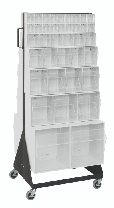 QFS248-76+QFS400WT Tip Out Bin Floor Stand, double sided, mobile, 20-1/4"D x 23-5/8"W x 55"H, 500 lbs. load capacity, includes: (2) QTB302, (2) QTB303, (2) QTB304, (2) QTB305, (2) QTB306, (4) QTB309 white bins and caster kit, 14 gauge steel