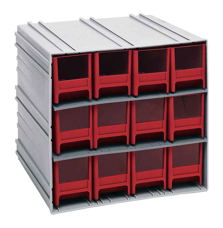 QIC-122RD Interlocking Storage Cabinets, 11-3/8"D x 11-3/4"W x 11"H, includes: (12) IDR202, windows and (2) dividers per drawer, cabinets interlock horizontally and vertically or can be mounted on wall, red drawers