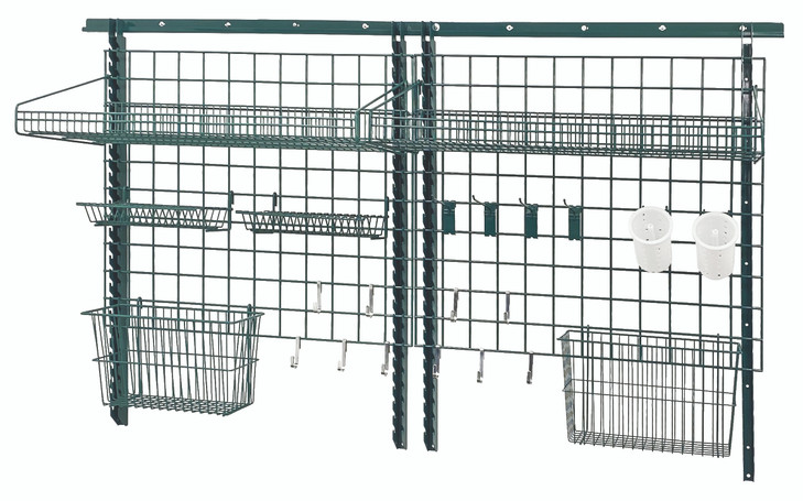 SGK-723036-1P Store Grid Medium-Duty Kit, includes: (1) 72" wall track, (4) 44" uprights, (2) 36"W x 30"H grid panels, (2) 36"W x 18"D large shelves, (2) lid holder drying racks, (2) cylinder holders, (2) flatware cylinders