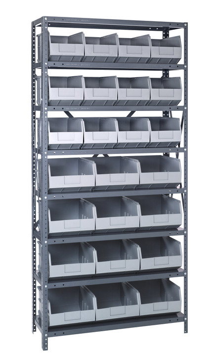 2475-483485GY Shelving Unit, 24"D x 36"L x 75"H, heavy duty, 400 lb. load capacity per shelf, includes: (8) shelves, (12) 20-1/2"L x 8-1/4"W x 7"H (SSB483) and (12) 20-1/2"L x 11"W x 7"H (SSB485) gray black bins, uprights and cross bars