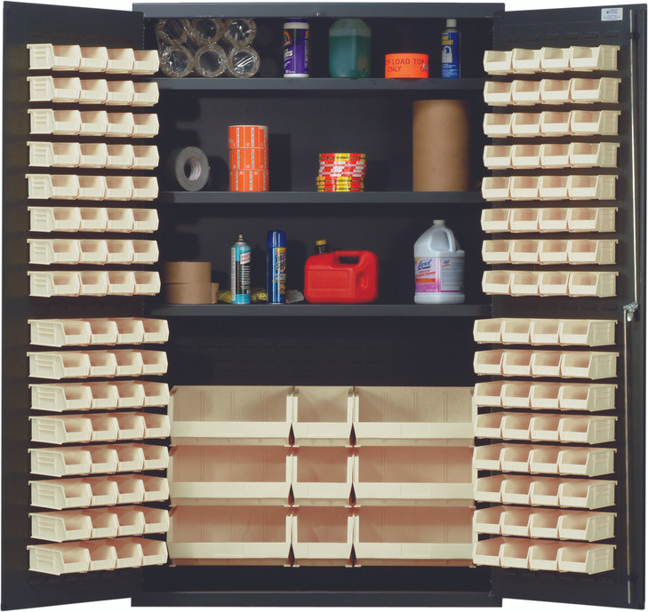 QSC-48SIV Heavy-Duty 48" Bin Cabinet, 48"W x 24"D x 78"H, 400 lb. capacity per interior shelf, 14 gauge all welded construction, includes: (3) adjustable shelves, (64) QUS210, (64) QUS220, (3) QUS240 and (6) QUS250 ivory bins