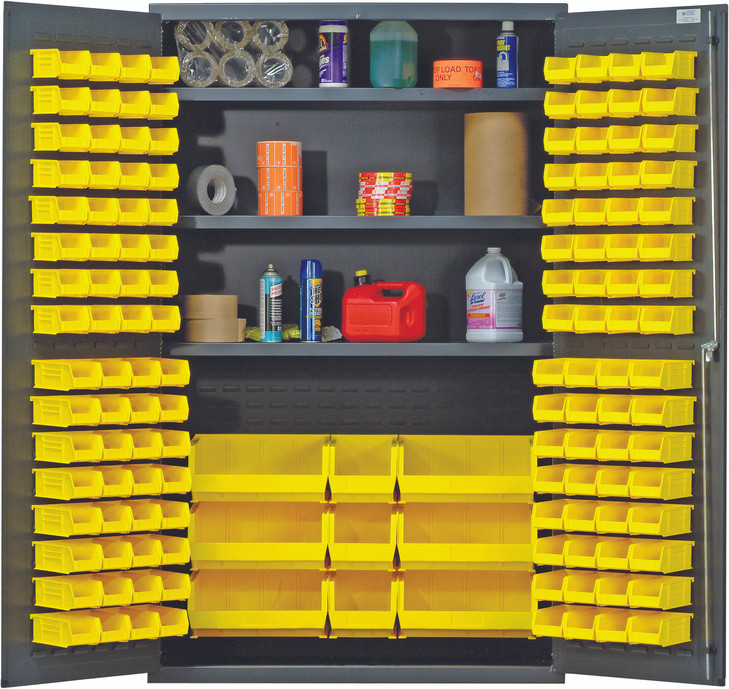 QSC-48SYL Heavy-Duty 48" Bin Cabinet, 48"W x 24"D x 78"H, 400 lb. capacity per interior shelf, 14 gauge all welded construction, includes: (3) adjustable shelves, (64) QUS210, (64) QUS220, (3) QUS240 and (6) QUS250 yellow bins