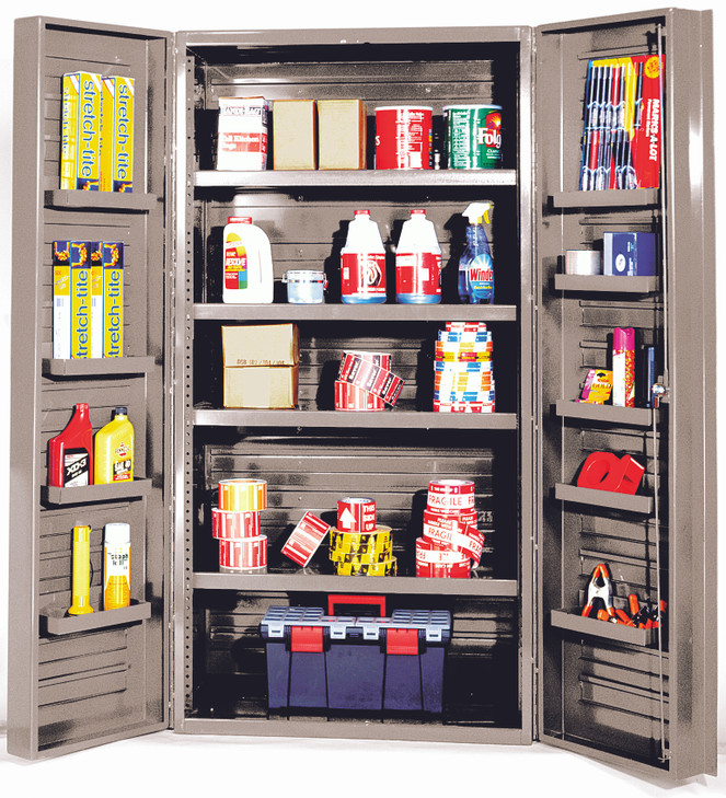 QSC-BG-36-4IS-12DS Heavy-Duty 36" Cabinet, 36"W x 24"D x 72"H, 800 lb. capacity per interior shelf and 60 lb. capacity per foor shelf, 14 gauge all welded construction, includes: (4) adjustable interior and (12) door shelves