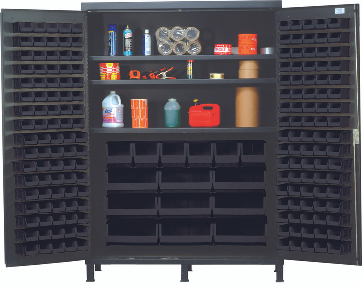 QSC-60SBK Heavy-Duty 60" Bin Cabinet, 60"W x 24"D x 84"H, 500 lb. capacity per interior shelf, 14 gauge all welded construction, includes: (3) adjustable shelves, (80) QUS210, (90) QUS220, (6) QUS240 and (9) QUS250 black bins