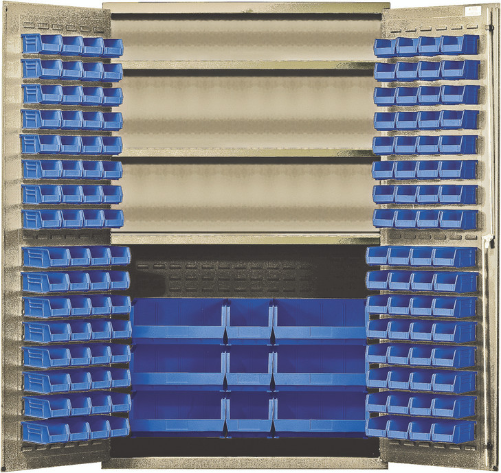 QSC-BG-48SBL Heavy-Duty 48" Bin Cabinet, 48"W x 24"D x 78"H, 400 lb. capacity per interior shelf, 14 gauge all welded construction, includes: (3) adjustable shelves, (64) QUS210, (64) QUS220, (3) QUS240 and (6) QUS250 blue bins