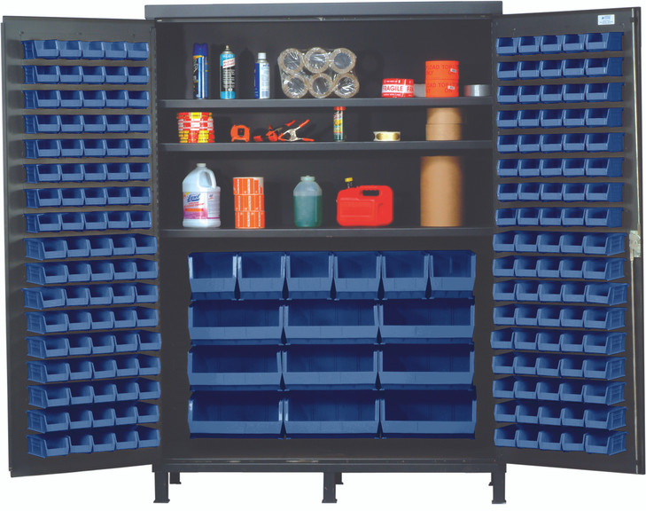 QSC-60SBL Heavy-Duty 60" Bin Cabinet, 60"W x 24"D x 84"H, 500 lb. capacity per interior shelf, 14 gauge all welded construction, includes: (3) adjustable shelves, (80) QUS210, (90) QUS220, (6) QUS240 and (9) QUS250 blue bins