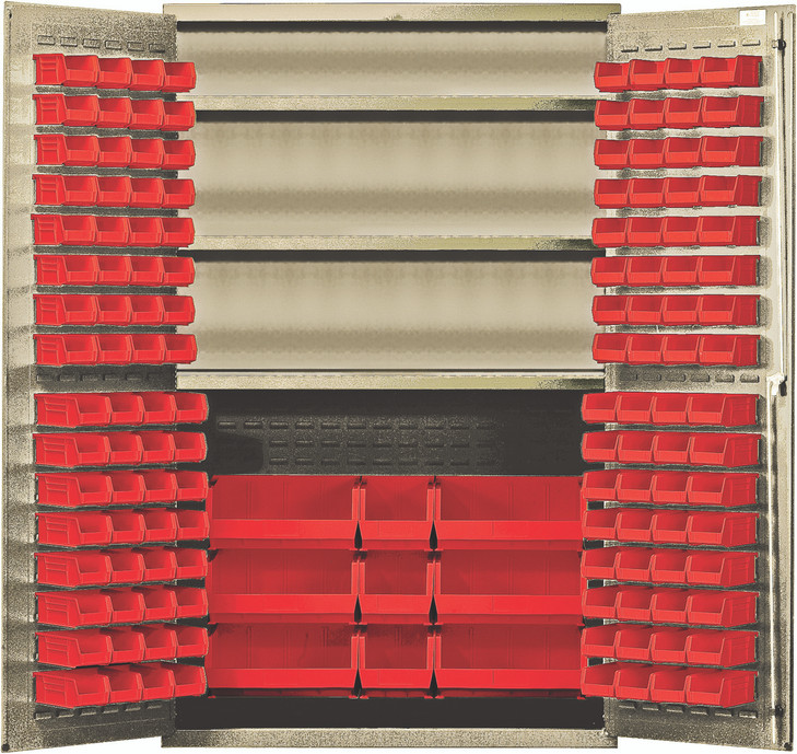 QSC-BG-48SRD Heavy-Duty 48" Bin Cabinet, 48"W x 24"D x 78"H, 400 lb. capacity per interior shelf, 14 gauge all welded construction, includes: (3) adjustable shelves, (64) QUS210, (64) QUS220, (3) QUS240 and (6) QUS250 red bins