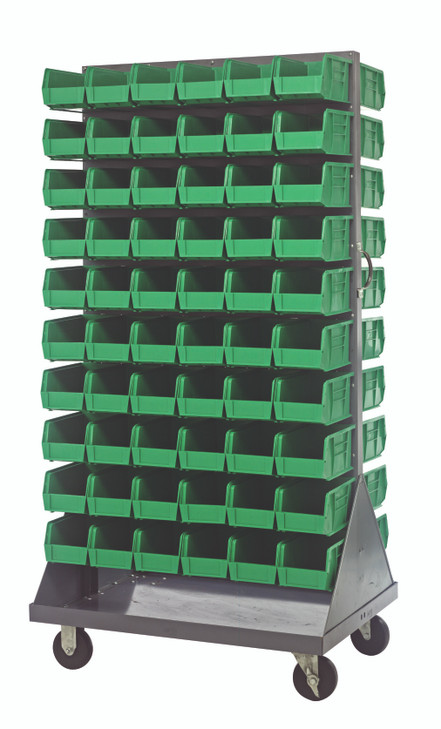 QMD-36H-230GN Louvered Rack, 36"W x 25"D x 72"H, 1200 lb. capacity, double sided, Includes: (120) QUS230, handle and (4) 5" rubber heavy-duty casters: (2) rigid and (2) swivel, green bins, 16 gauge cold rolled steel, gray enamel coated steel