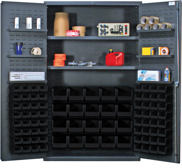 QSC-4804BK Heavy-Duty 48" Bin Cabinet, 48"W x 24"D x 78"H, 400 lb. capacity per interior and 60 lb. per door shelf, 14 gauge all welded construction, includes: (2) adjustable interior and 60 lb.