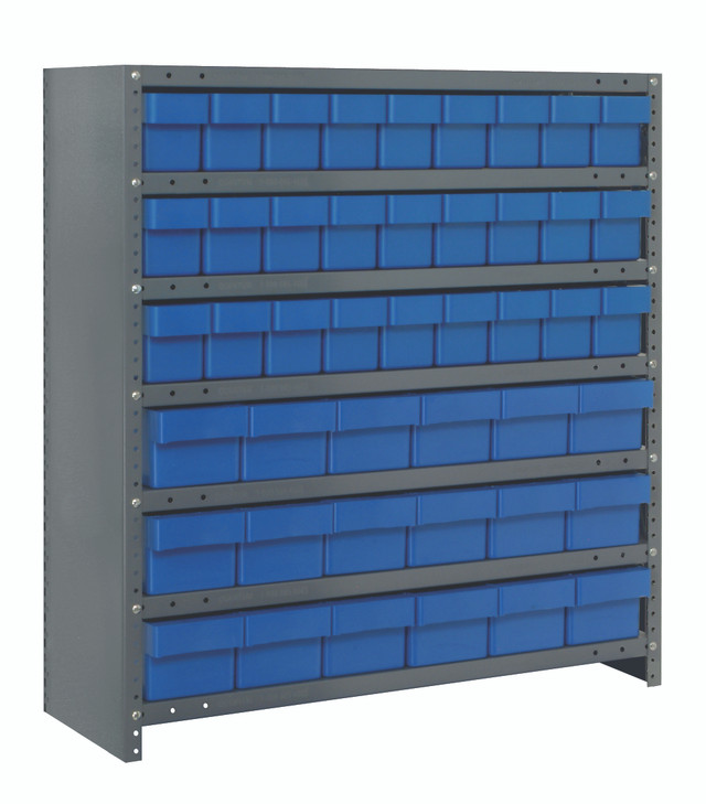 CL1839-624BL Shelving Unit, closed, 18"D x 36"L x 39"H, heavy duty, 400 lb. load capacity per shelf, includes: (7) shelves, (27) 17-7/8"L x 3-3/4"W x 4-5/8"H (QED604) and (18) 17-7/8"L x 5-9/16"W x 4-5/8"H (QED602) blue black bins