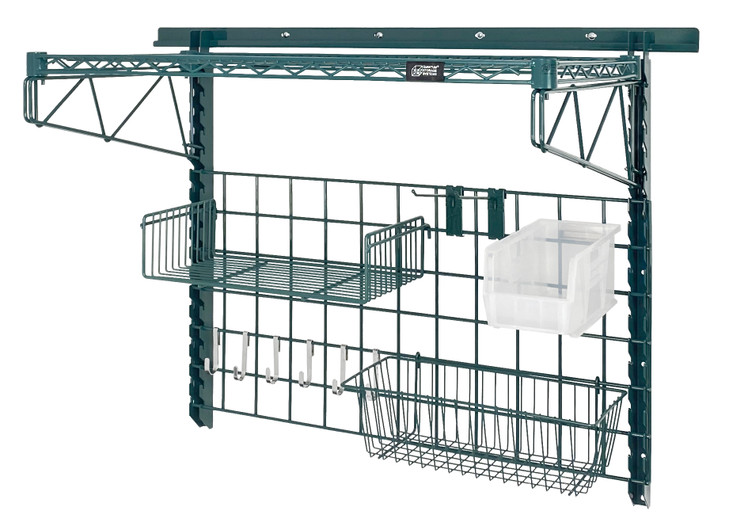 SGK-401836-4PCL Store Grid Medium-Duty Kit, includes: (1) 40" wall track, (2) 31" upright, (2) 18" single cantilever arms, (1) 36"W x 18"D shelf (1836P), (1) 36"W x 18"H grid panel, (1) 17"W x 7"D x 5"H basket, (1) 18"W x 9"D small shelf