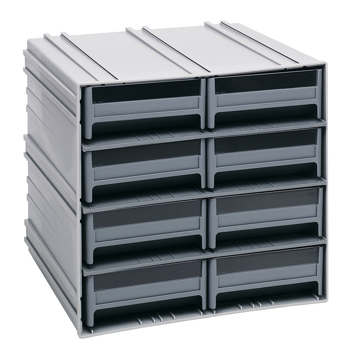 QIC-83GY Interlocking Storage Cabinets, 11-3/8"D x 11-3/4"W x 11"H, includes: (8) IDR203, windows and (2) dividers per drawer, cabinets interlock horizontally and vertically or can be mounted on wall, gray drawers