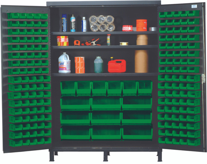 QSC-60SGN Heavy-Duty 60" Bin Cabinet, 60"W x 24"D x 84"H, 500 lb. capacity per interior shelf, 14 gauge all welded construction, includes: (3) adjustable shelves, (80) QUS210, (90) QUS220, (6) QUS240 and (9) QUS250 green bins